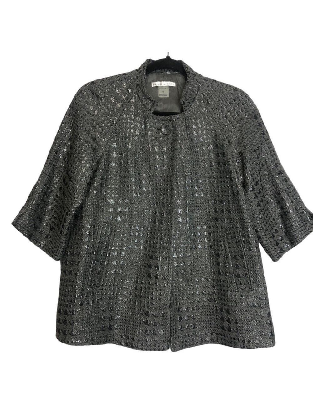 Peter Nygard Wool Metallic Houndstooth Jacquard Cape Jacket, size 6P